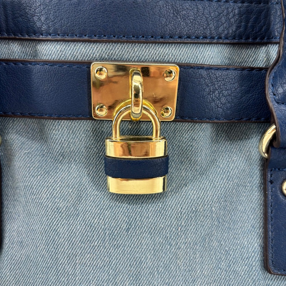 Charming Charlie Navy Blue Faux Leather and Denim Satchel Crossbody Bag Gold - Picture 4 of 12